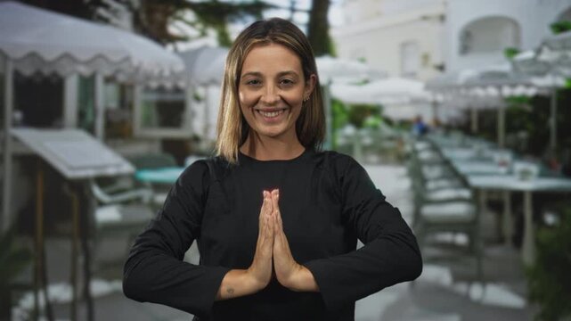 Woman presses palms together in namaste gesture on restaurant terrace with visible hands and wrist tattoo; mindfulness serenity.