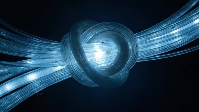 Blue fiber optic cables tied in a knot representing cyber censorship. Glowing optical fibers with a restriction in data flow. Internet bandwidth throttling concept