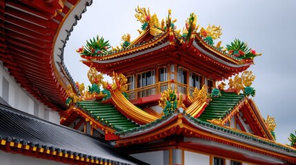 Fototapeta premium Vibrant and Intricate Details of Traditional Temple Architecture with Colorful Roof Decorations and Ornamental Elements Against a Moody Sky