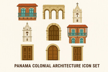 Fototapeta premium Panama colonial architecture vector icons with Casco Viejo balconies archways bell towers and wooden doors silhouettes