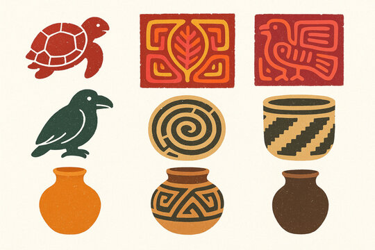 Panamanian handicraft vector icons with tagua carvings mola textiles baskets and pottery