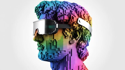 Vibrant pixelated human head wearing futuristic virtual reality goggles representing the immersive digital metaverse experience and the evolving intersection of technology art and artificial intellig. - Powered by Adobe