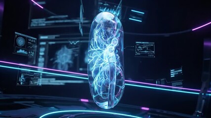 Futuristic 3D hologram of a human kidney rotating. Glowing digital anatomy model with medical interface screens. Nephrology and healthcare technology concept - Powered by Adobe