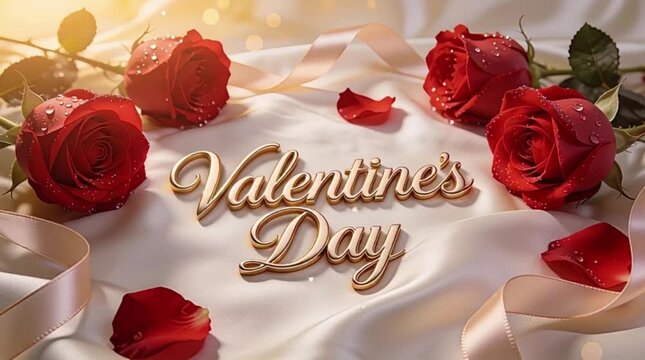 A romantic Valentine's Day background. In the center, elegant, three-dimensional gold-foil typography reads Valentine's Day in a sophisticated calligraphy script. 