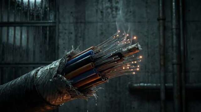 Damaged fiber optic cable smoking with glowing data strands. Severed internet connection wire in dark industrial setting. Cyber censorship and infrastructure failure concept