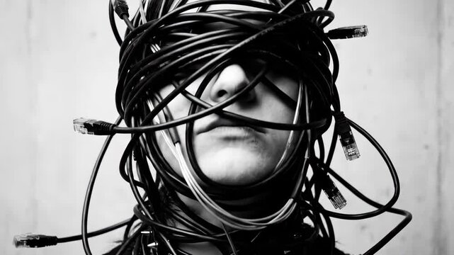 Person with head wrapped in tangled ethernet cables symbolizing cyber censorship. Black and white portrait of a face bound by network wires. Internet addiction and digital restriction concept