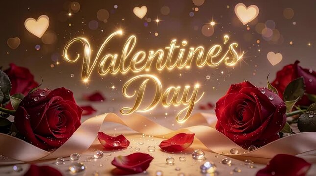 A Valentine's Day background featuring the text Valentine's Day written in elegant, glowing 3D gold calligraphy script in the center, floating amidst a romantic setting. Valentine's Day