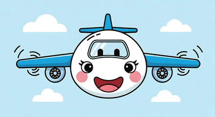 Smiling cartoon airplane with face.