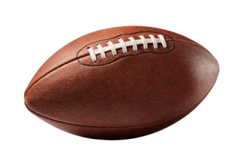Close-up of a brown leather American football with white laces, isolated on white background. Essential sports equipment for team sports like football and rugby.