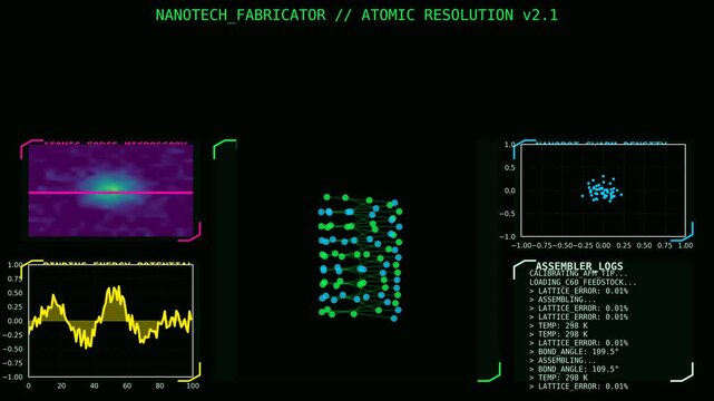 Sci Fi Nanotech Fabricator Interface with Atomic Force Microscopy Visualization, Nanobot Swarm Density Chart, Lattice Error Monitoring and Assembler Process Logs for Futuristic Factory Scenes