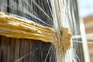 Close-up Image of Natural Fibers Bound Together with Adhesive on a Wooden Background