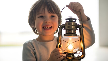 Smiling child holding old lantern.