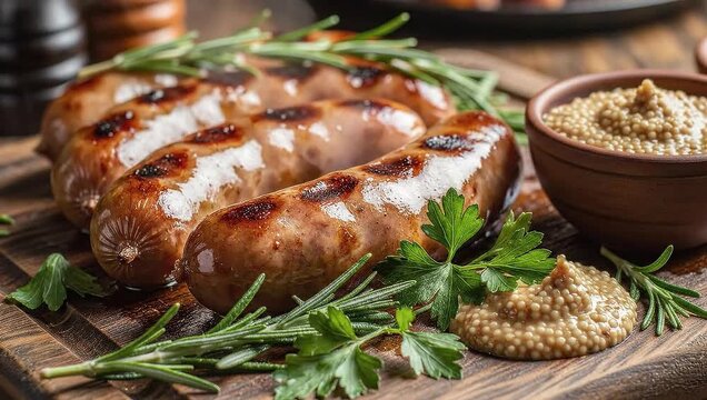 Grilled Sausages with Mustard and Herbs on Wooden Board