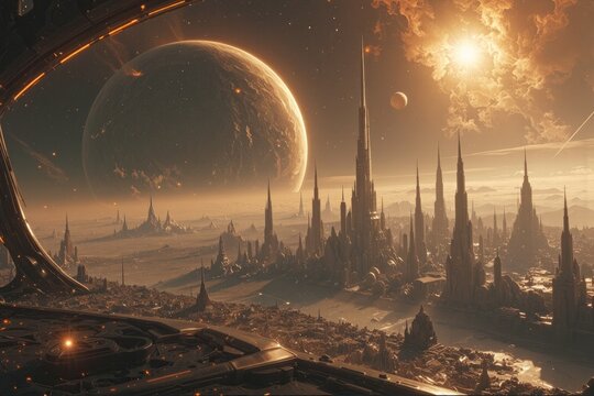 Ancient Spired Towers in a Desert Under a Massive Planet

