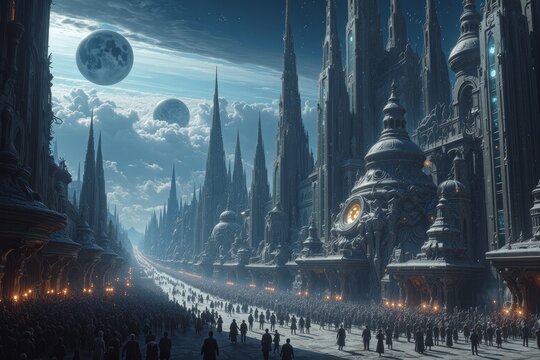 Dark Gothic City with Tall Spires Under a Cloudy Night Sky
