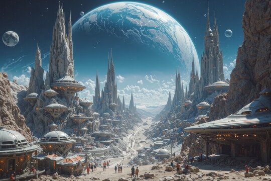 Frozen Arctic City Under a Giant Blue Planet in the Sky
