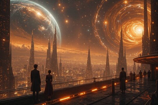 Silhouetted People Overlooking a Golden Nebula Space City

