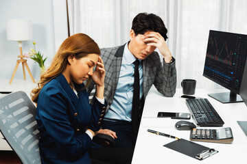 Stressful exchange investing business partners discussing in loss profit stock exchange rate...