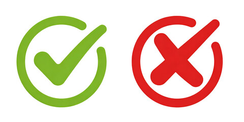 Illustration of green checkmark and red cross symbols in circular borders. Used for indicating approval, rejection, correct, or incorrect states in graphic design and communication.