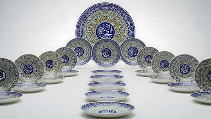 Stacked blue and white ceramic plates.