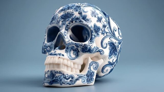 Decorative porcelain skull with intricate floral design on blue background