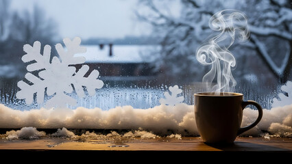 Steaming hot coffee cup on table.