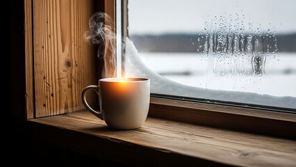 Steaming hot coffee mug on windowsill.