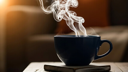 Steaming hot dark blue coffee mug.