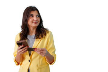 Woman holding phone and credit card, enjoying online shopping, making digital payments, transparent background
