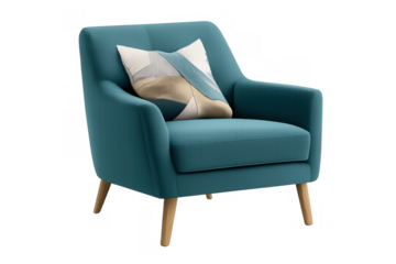 Teal armchair presenting comfortable modern furniture with wood legs and a decorative geometric pillow, ideal for interior design and home staging