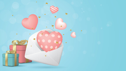 Pink heart balloons many designs floated out of the envelope and gift boxes with light blue background have blank space.