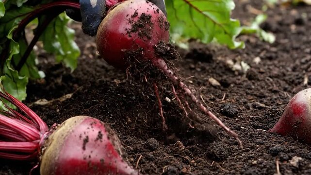 A gloved hand harvests a freshly pulled red beet from the dark, rich soil of a garden bed