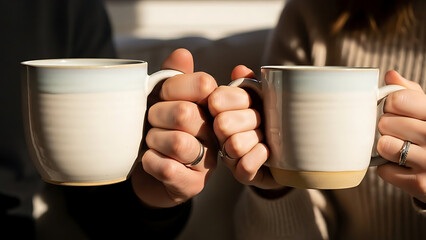 Two hands holding white coffee mugs.