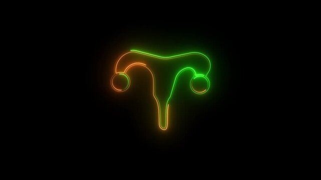 A modern neon-style uterus icon designed with glowing line art on a dark background. This icon represents women&rsquo;s health, gynecology, fertility, reproductive health, pregnancy care, and medical