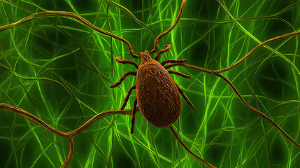 A detailed macro view of a tick against a protective light barrier, highlighting its menacing form.
