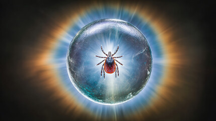 A detailed macro view of a tick against a protective light barrier, highlighting its menacing form.
