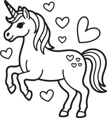 Fototapeta premium Unicorn with hearts Line Art Coloring Book Page Outline Vector Illustration