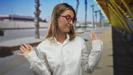 Woman wearing red glasses shrugging both hands in a white shirt on a sunlit street with palm trees and a covered walkway; dismissal.