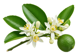 transparent lime blossoms with yellow stamens, green leaves, and developing fruit on a branch, macro shot against a transparent background with copy space, natural purity and vitality