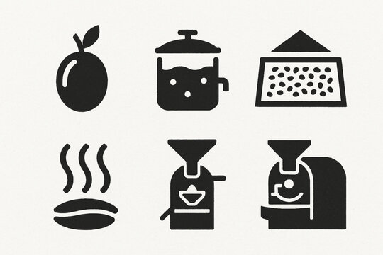 Panama coffee processing vector icons with cherries fermentation tank drying patio roaster and aroma waves silhouettes
