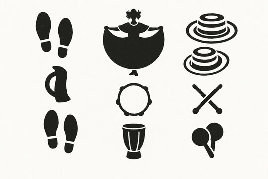Panama dance vector icons with tamborito steps pollera dancer hats and percussion silhouettes