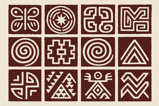 Panama indigenous symbolism vector icons with Guna mola Embera spirals Wounaan baskets and tribal
