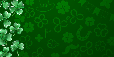 St Patricks day illustration, digital art style, green shamrocks and symbols on dark green background.