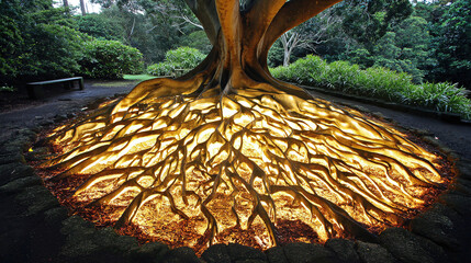 Ancient tree roots glowing beneath a cracked island surface, resembling buried lightning.
