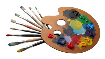 A wooden paint palette with colorful paints and brushes on transparent background