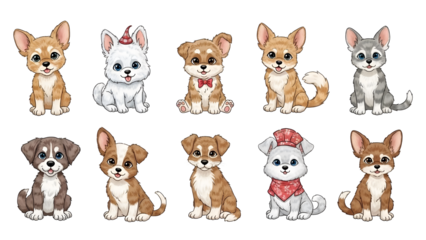 A group of adorable cartoon puppies and dogs sitting on transparent background