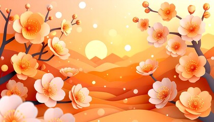 Vibrant peach blossoms bloom against warm sunset mountain landscape