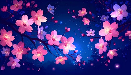 Vibrant pink cherry blossoms bloom against a magical starry night sky