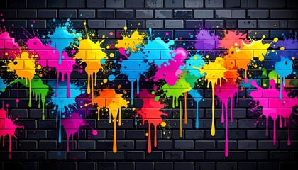 Vibrant graffiti splatters on dark brick wall background