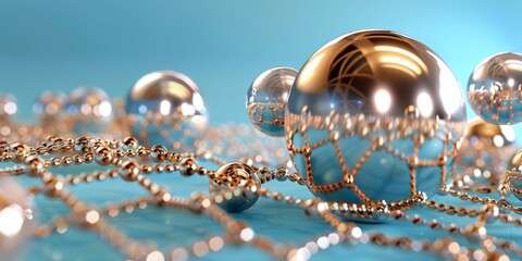 Golden chain connecting reflective spheres on turquoise background